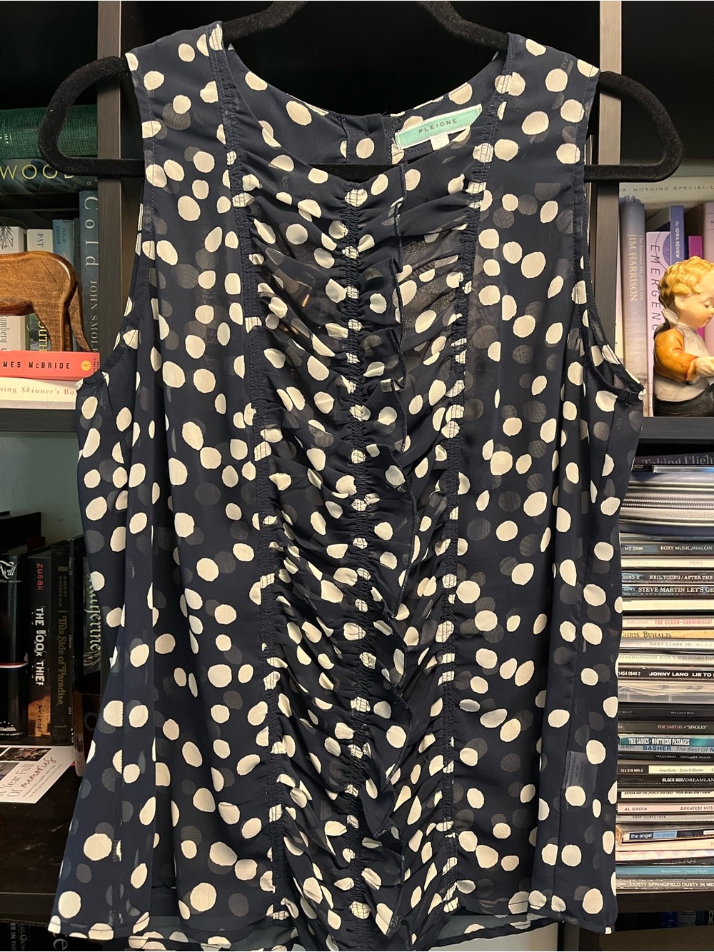 Navy and White Polka Dot Ruffle-Front Sleeveless Top